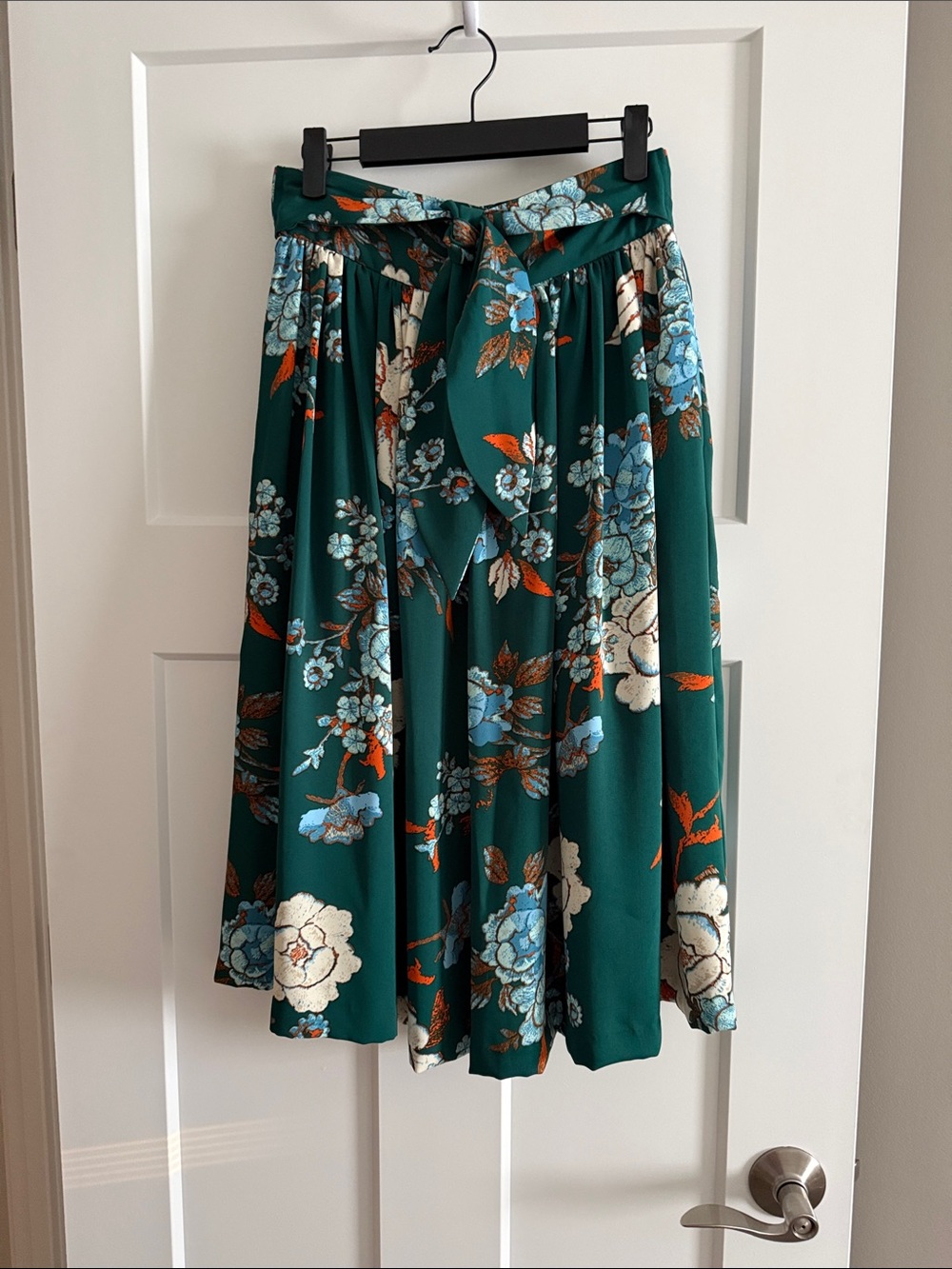 eva mendes for New York & Company Teal Floral A-Line Midi Skirt with Tie